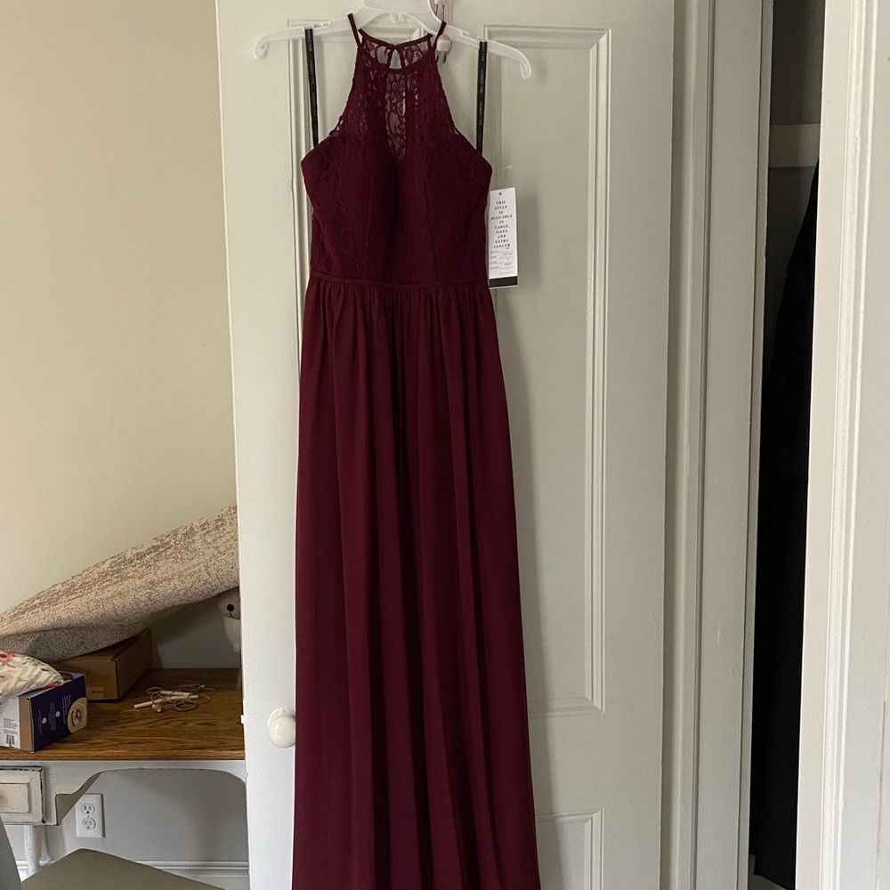 Bill Levkoff wine halter bridesmaid dress